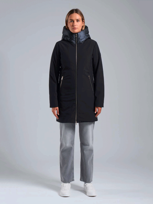 CIESSE PIUMINI MIRE 2.2 GIACCA LUNGA NERA IN SOFTSHELL CON CAPPUCCIO